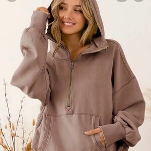 Relaxed Half-Zip Hoodie Pullover - Mauve